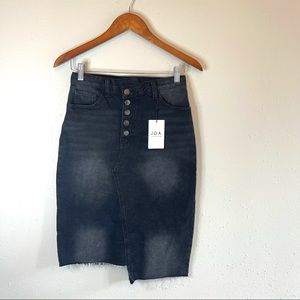 J.O.A. Asymmetrical Button Front Women Black Washed Pencil Jean Skirt Sz 26 NWT